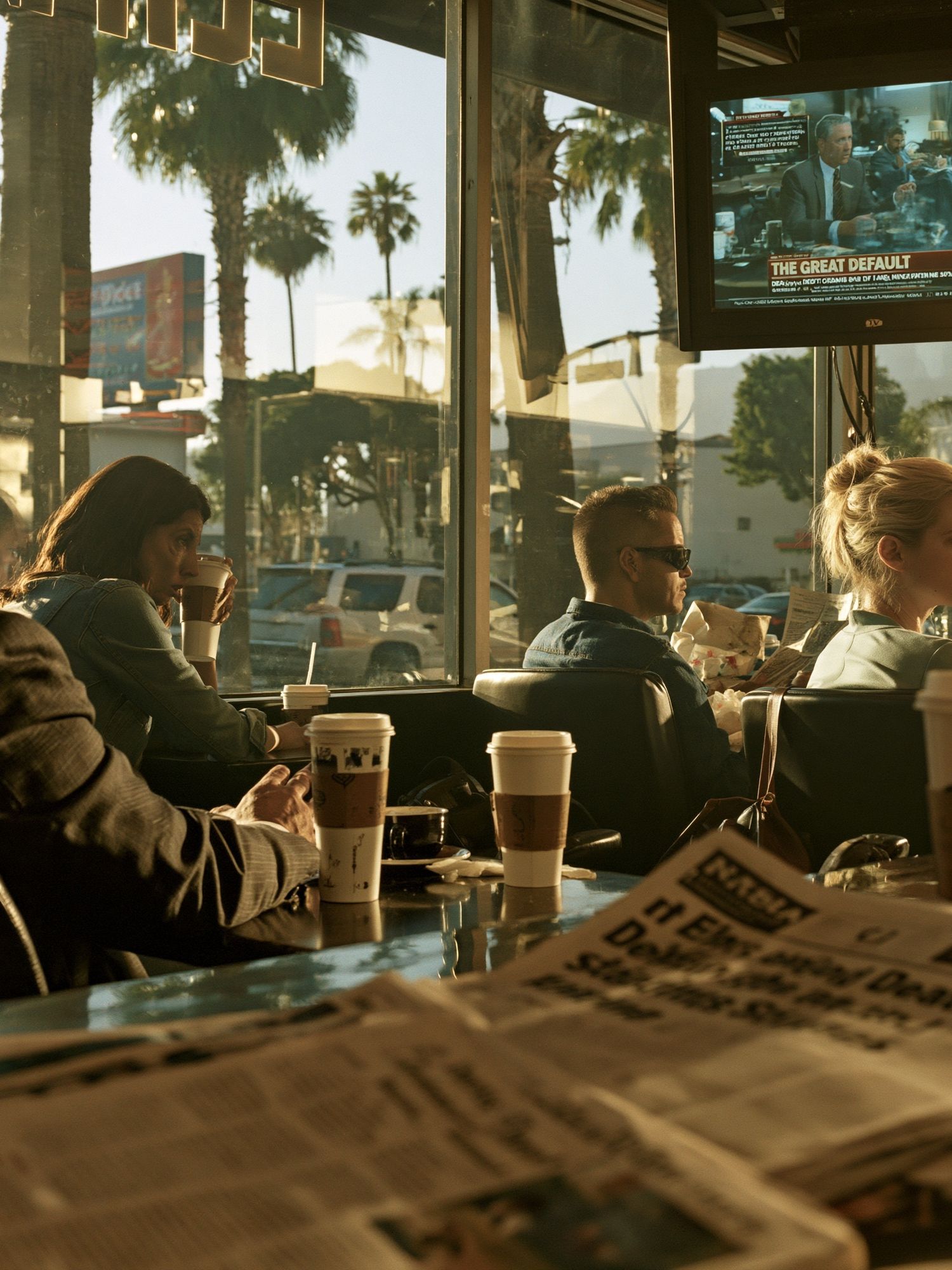 Sunlit Coffee Shop Scene Photography Poster. poster detail
