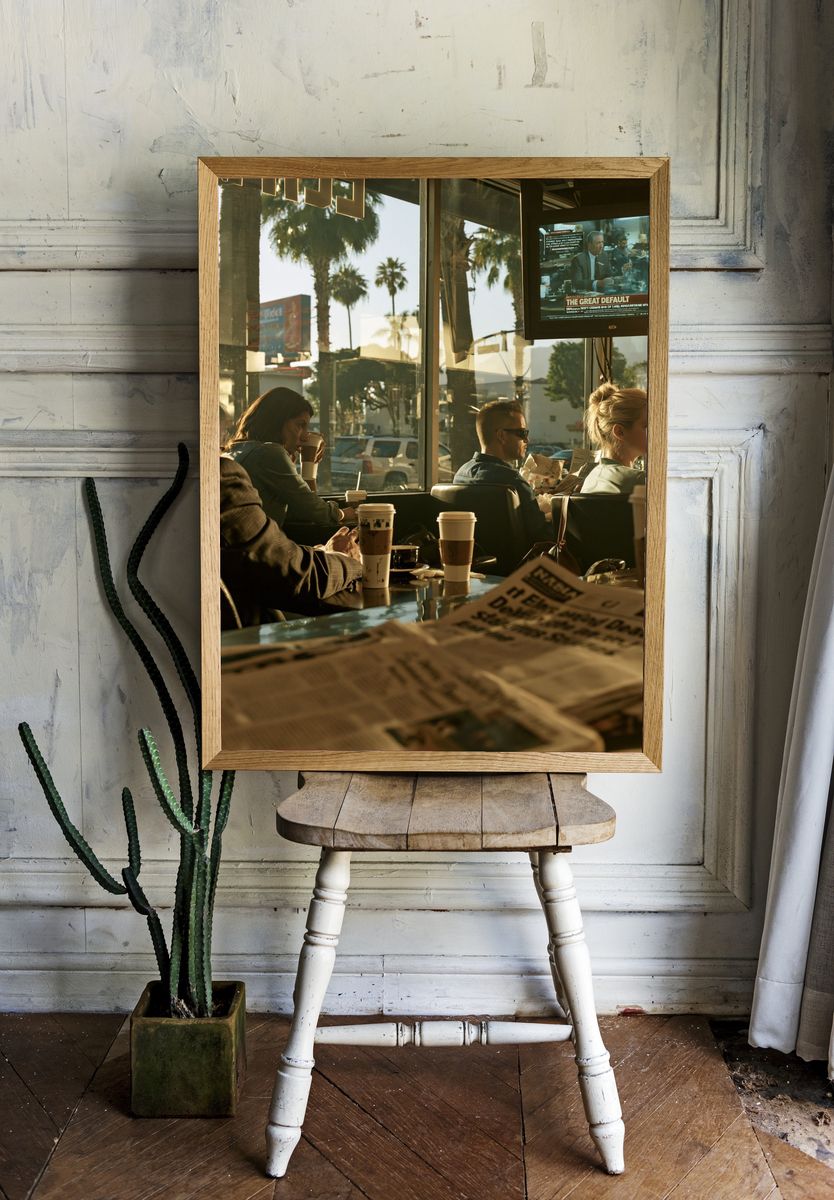 Sunlit Coffee Shop Scene Photography Poster. — room view 1