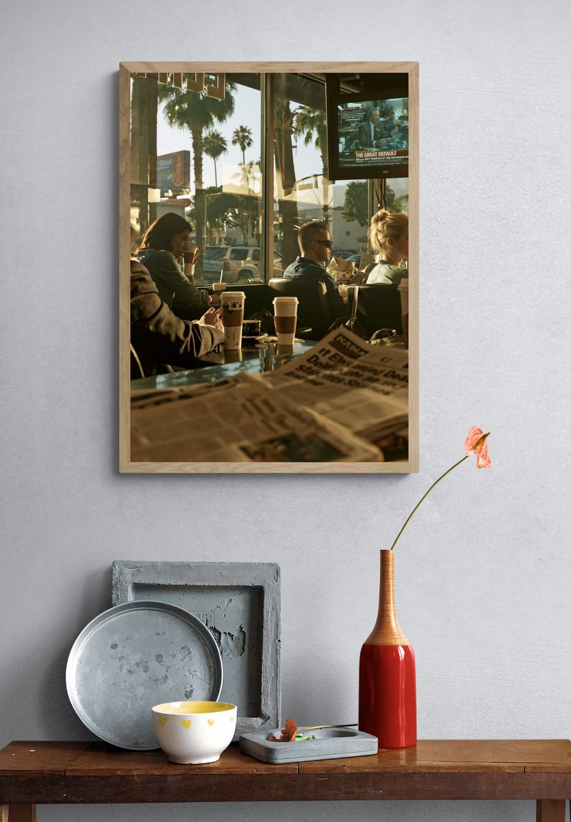 Sunlit Coffee Shop Scene Photography Poster. — room view 3