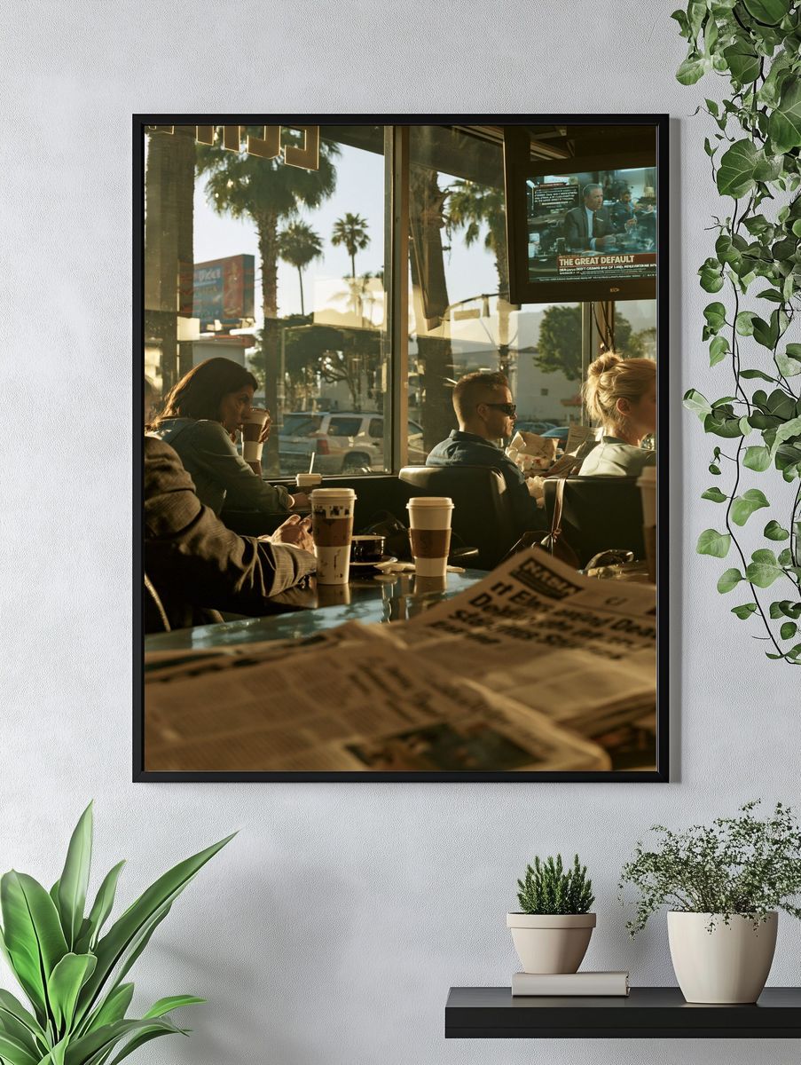 Sunlit Coffee Shop Scene Photography Poster. — room view 4