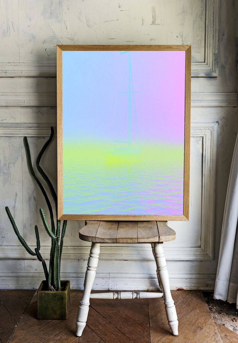 Pastel Sailboat Mist Print. room preview