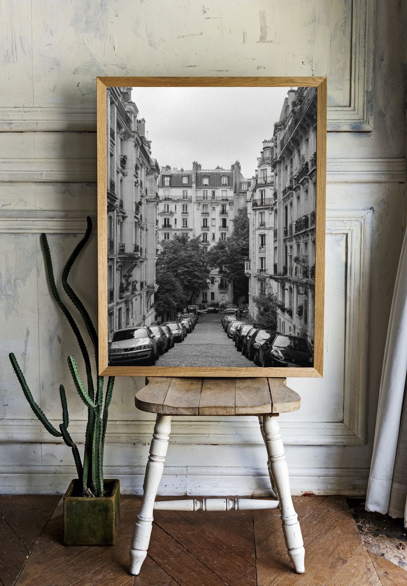Paris Street in Black White Poster. — room view 1
