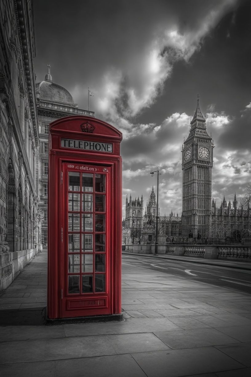 Red Telephone Box — Black and White Print. poster — photography art