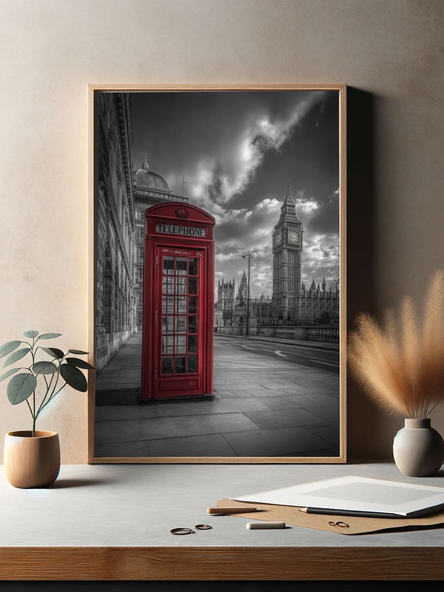 Red Telephone Box — Black and White Print. — room view 2