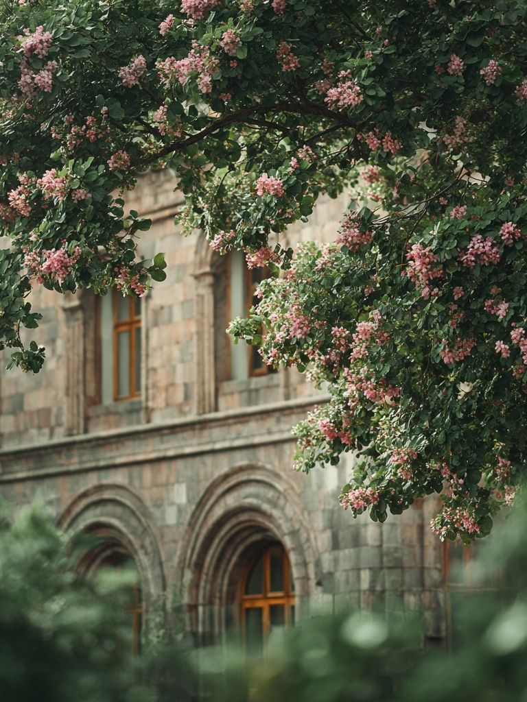 Blooming Tree by Historic Building — Photography Print. poster — photography art