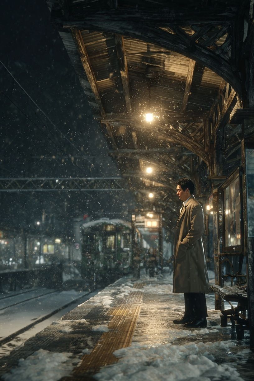 Snowy Train Station at Night — Photography Print. poster — photography art