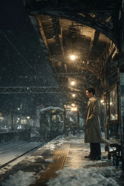Snowy Train Station at Night — Photography Print. poster