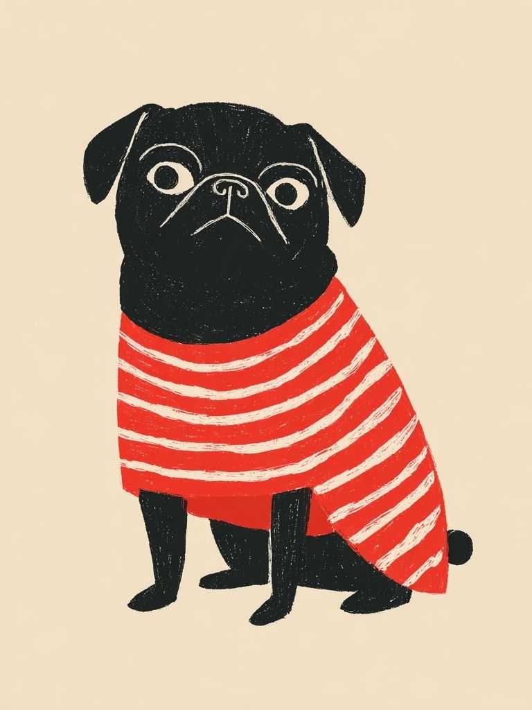 Pug in Striped Sweater — Illustration Print. poster detail