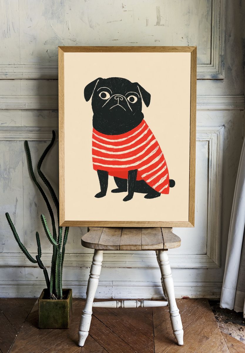 Pug in Striped Sweater — Illustration Print. room preview