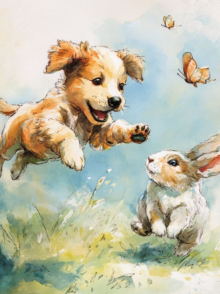 Playful Puppy and Bunny — Illustration Print. poster — illustration art
