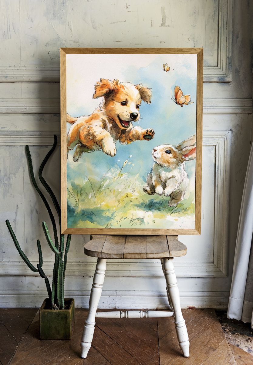 Playful Puppy and Bunny — Illustration Print room preview