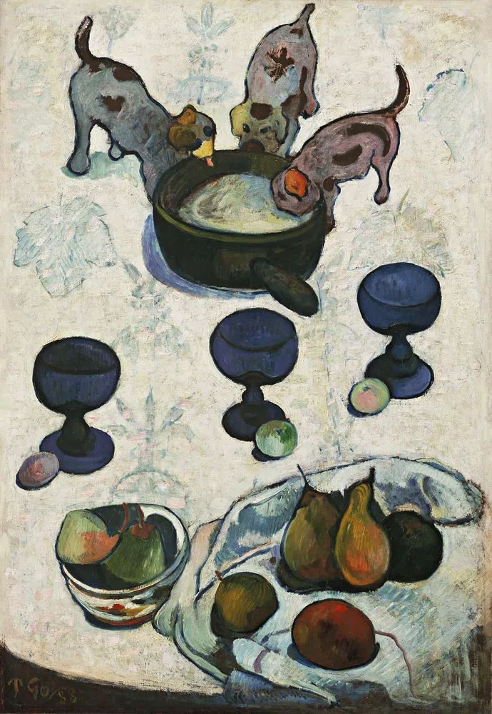 Playful Puppies and Fruit Still Life Poster. poster — animals art