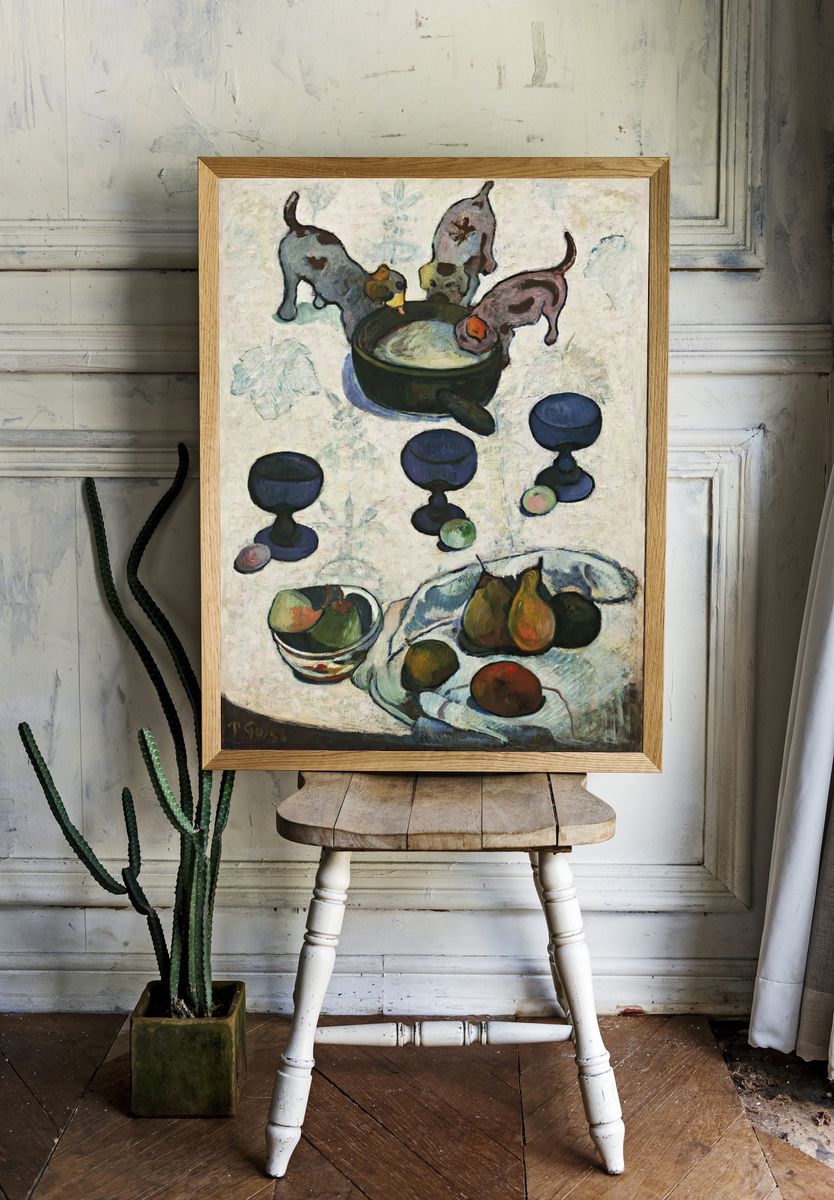Playful Puppies and Fruit Still Life Poster. — room view 1