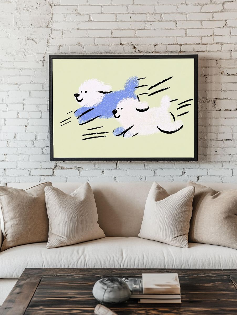 Playful Puppies — Illustration Print. room preview