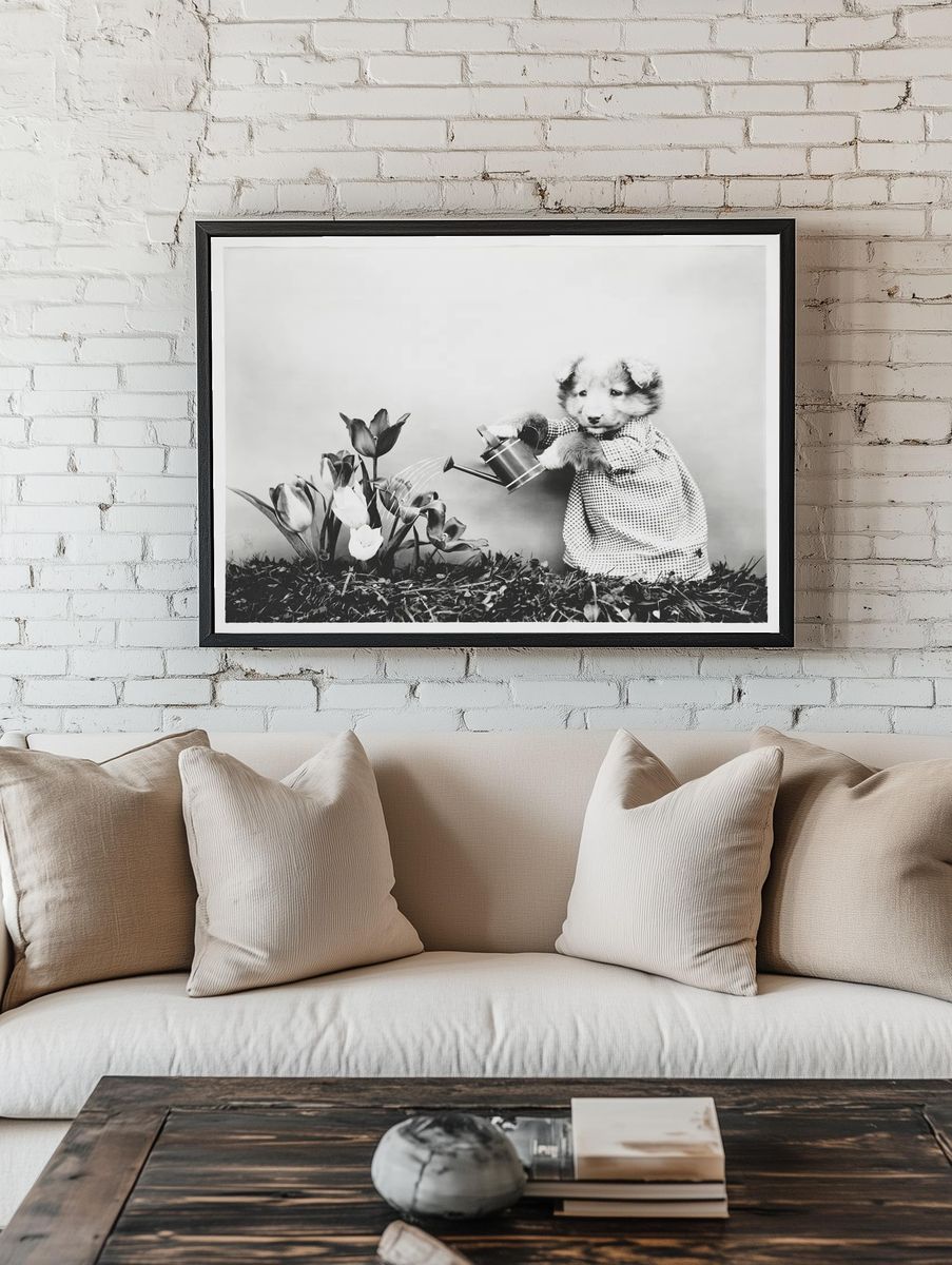 Cute Puppy Watering Flowers — Photography Print room preview