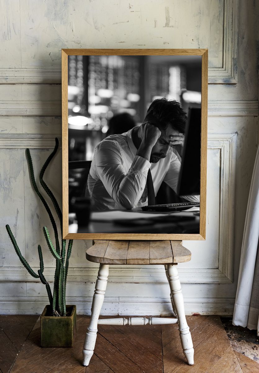 Stressed Office Worker Black-White Poster. — room view 1