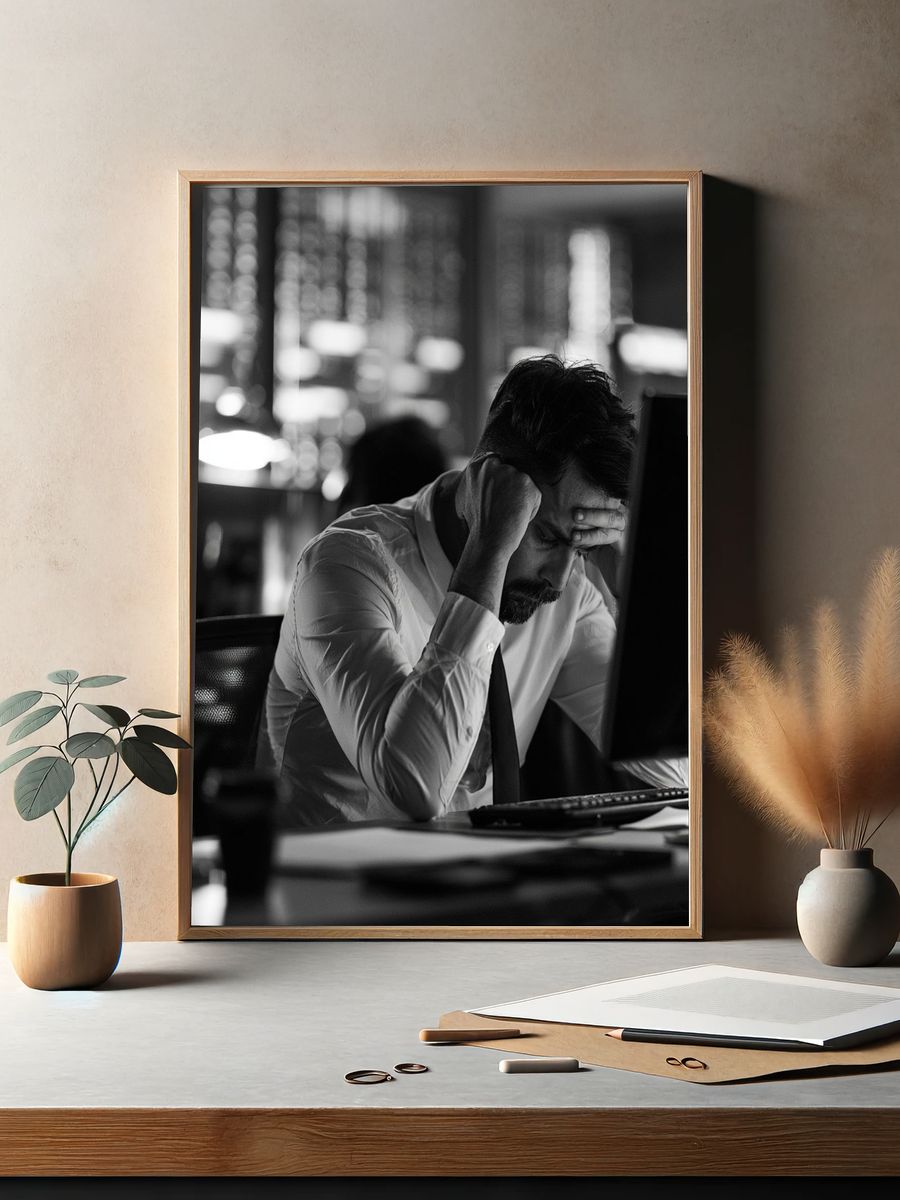 Stressed Office Worker Black-White Poster. — room view 2