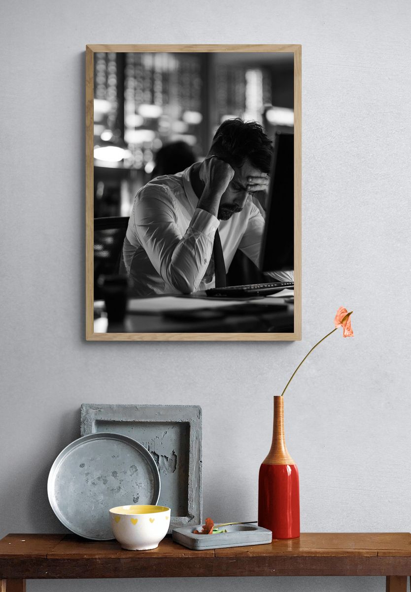 Stressed Office Worker Black-White Poster. — room view 3