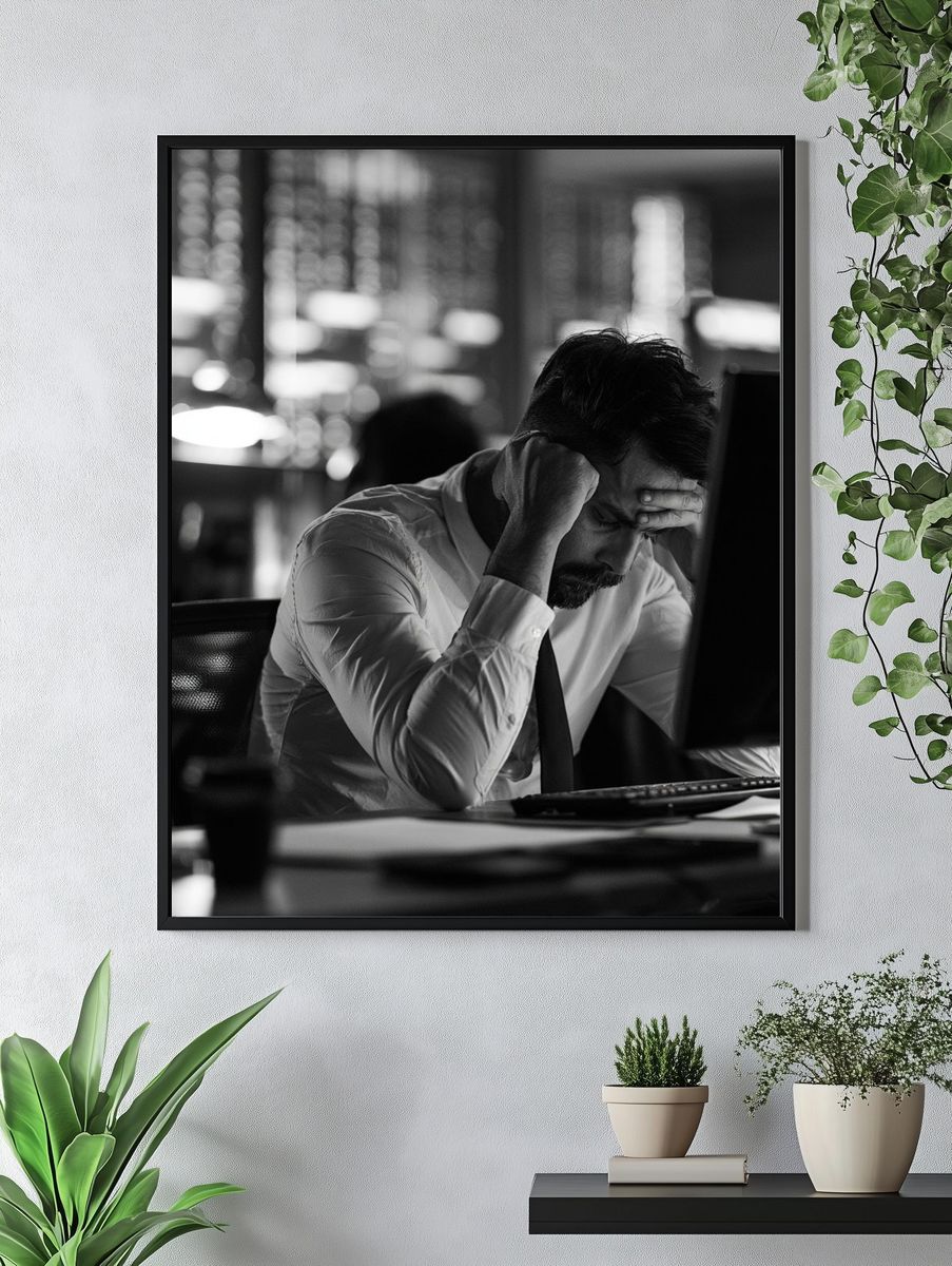 Stressed Office Worker Black-White Poster. — room view 4
