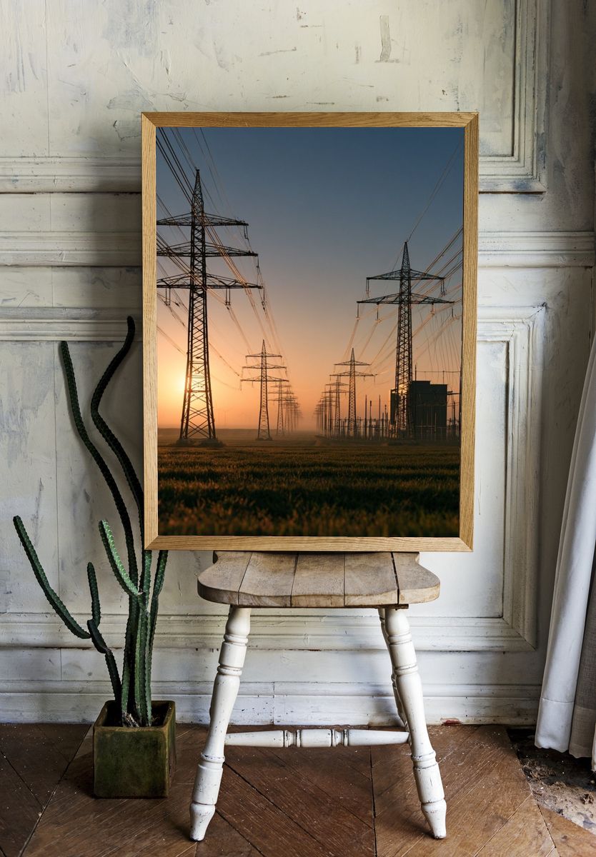 Power Lines at Sunset Photography Poster. — room view 1