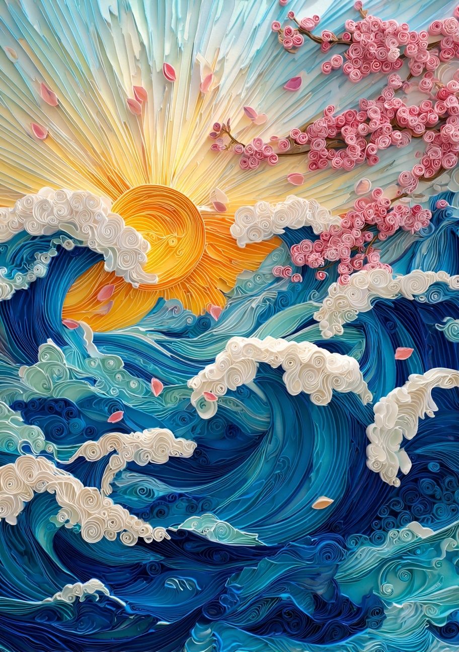 Waves and Cherry Blossoms — Quilling Art Print. poster detail