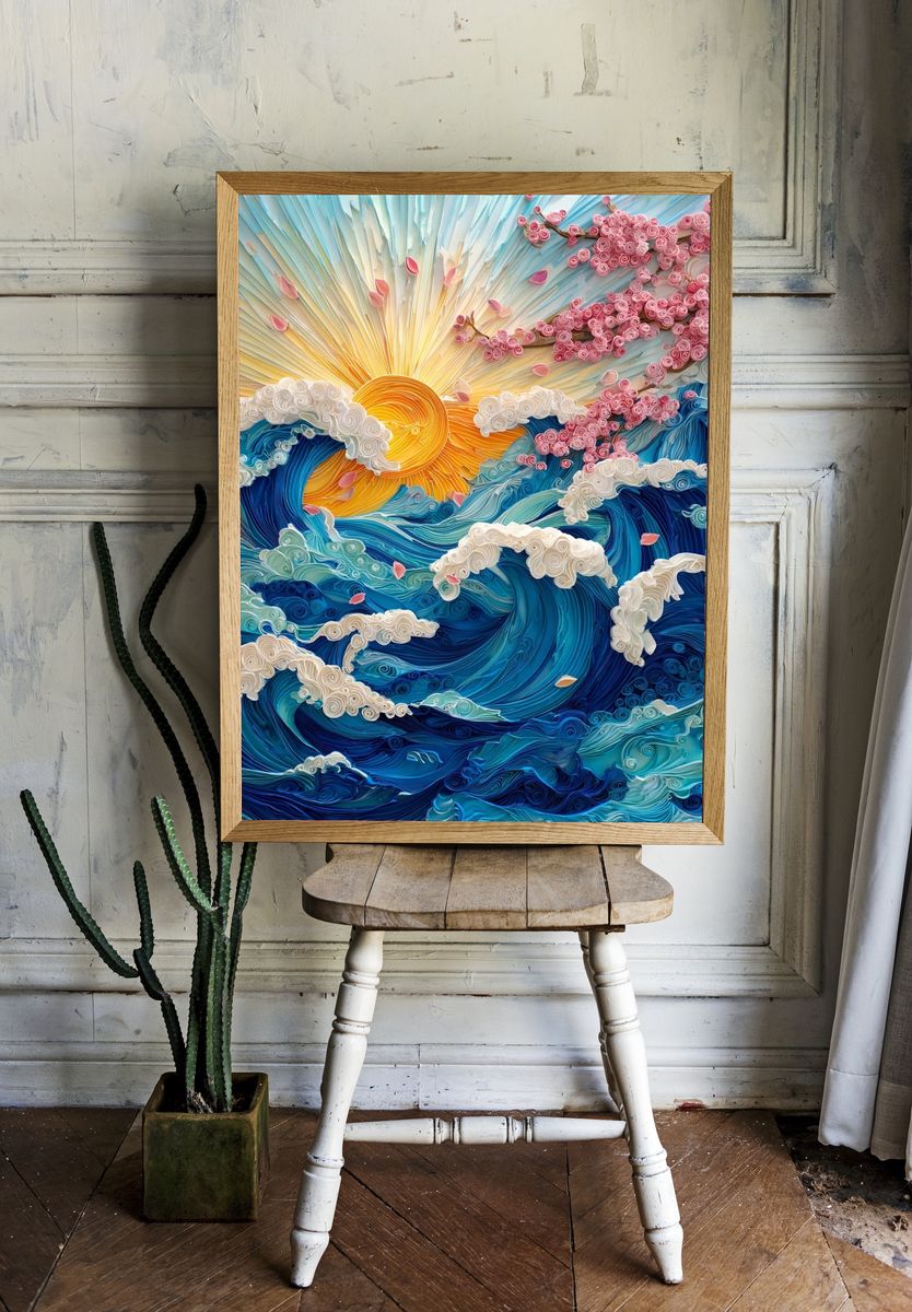 Waves and Cherry Blossoms — Quilling Art Print room preview