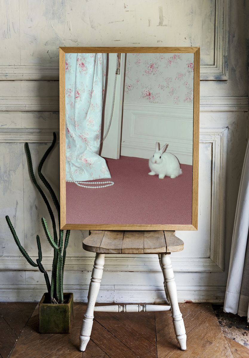 White Rabbit in Vintage Room Poster. — room view 1