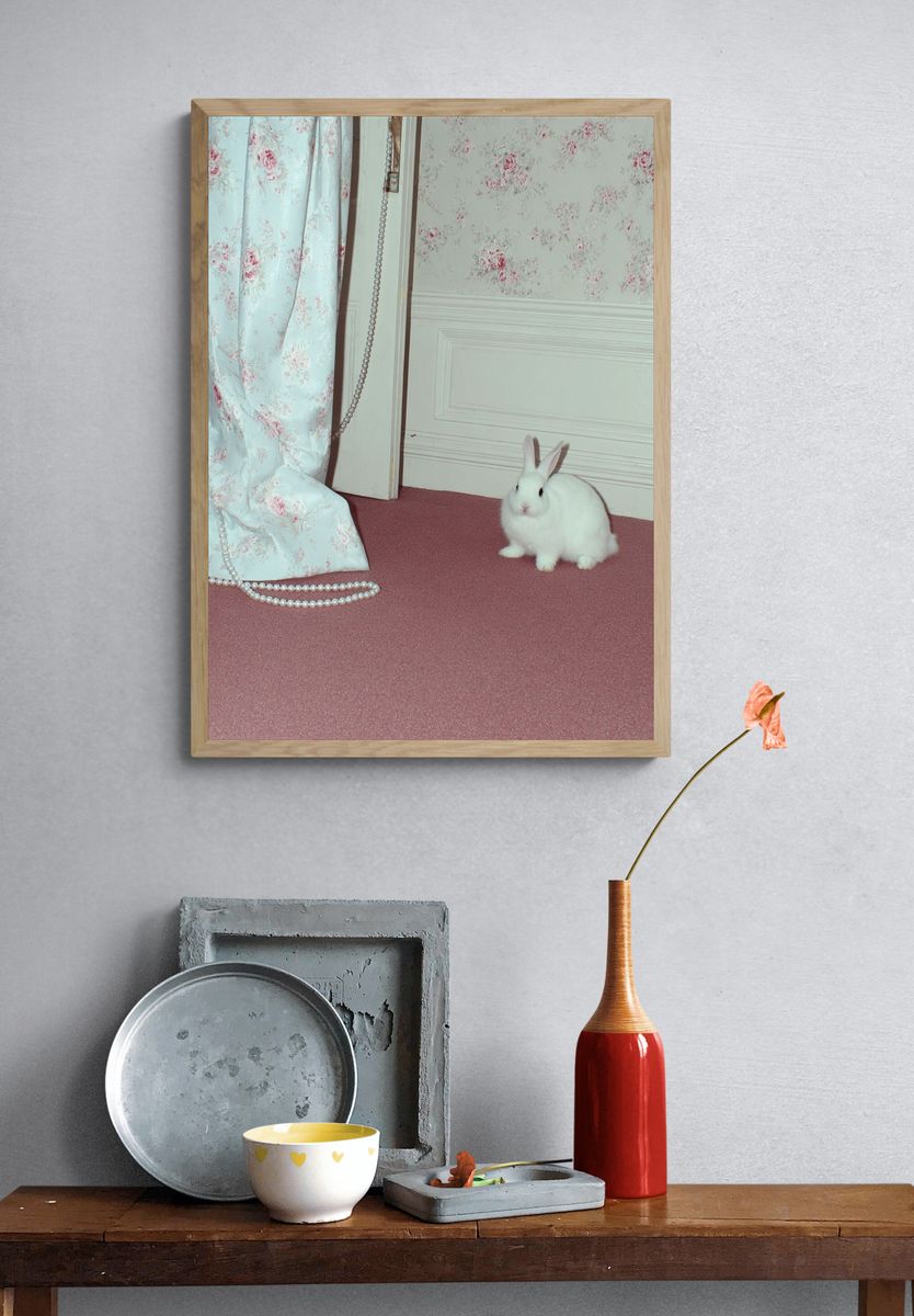 White Rabbit in Vintage Room Poster. — room view 3
