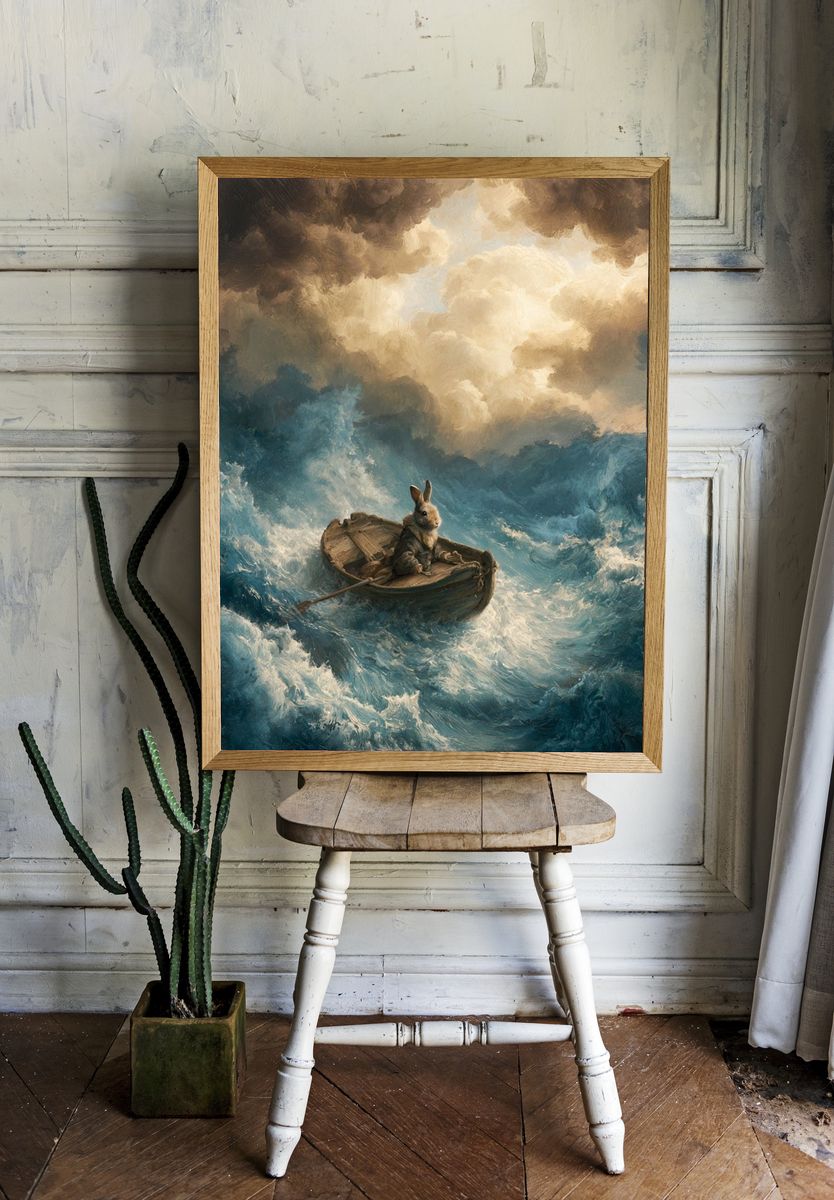 Rabbit in Stormy Sea Illustration Poster. — room view 1