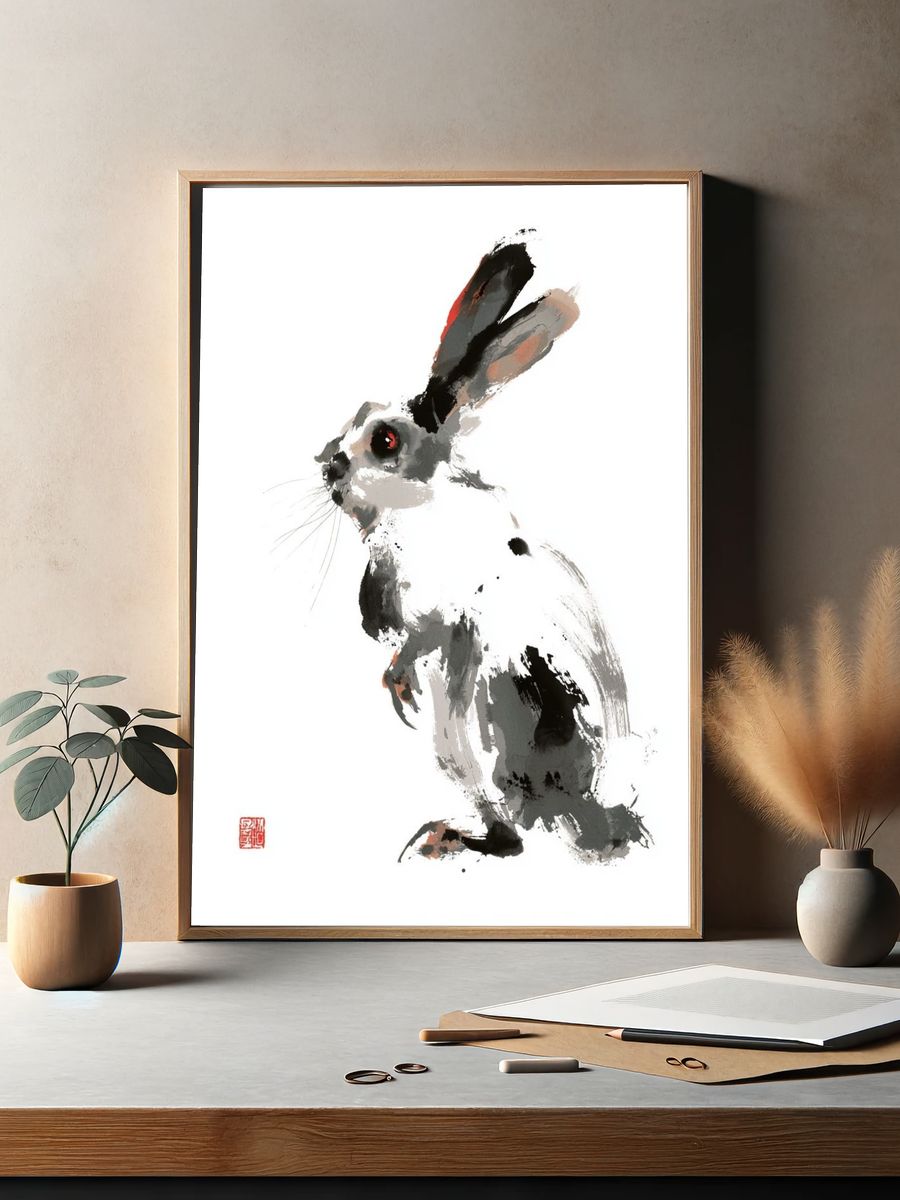 Ink Rabbit Illustration Poster. — room view 2