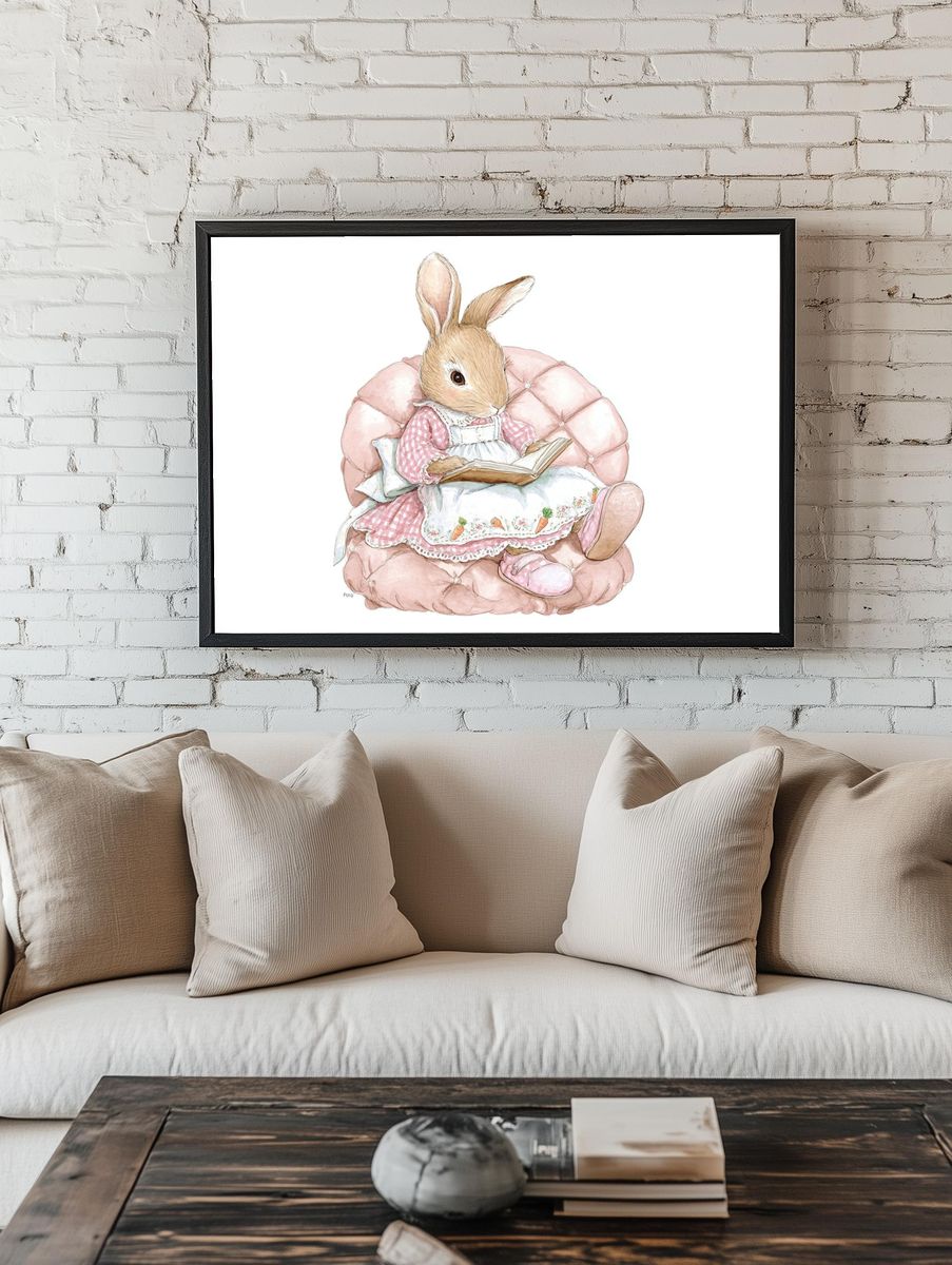 Reading Rabbit — Cute Illustration Print room preview