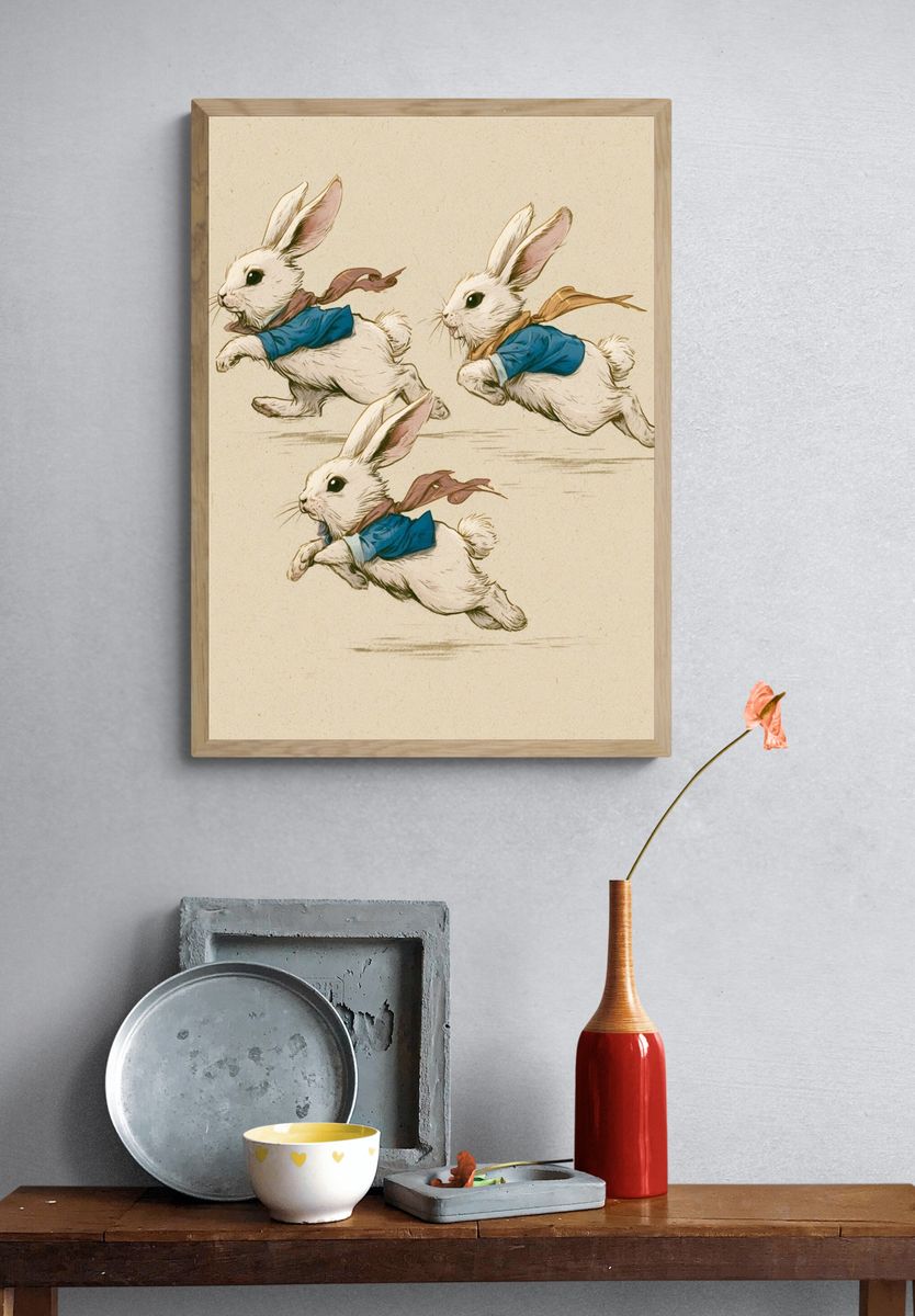 Running Rabbits Illustration Poster. — room view 3