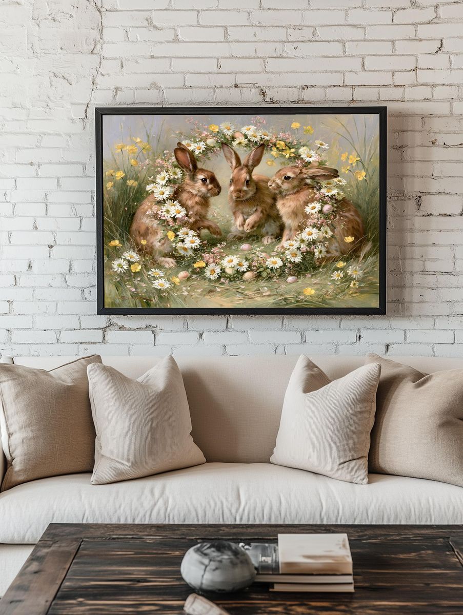 Spring Rabbits Floral Illustration Poster. room preview