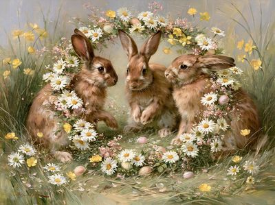 Spring Rabbits Floral Illustration Poster. poster print