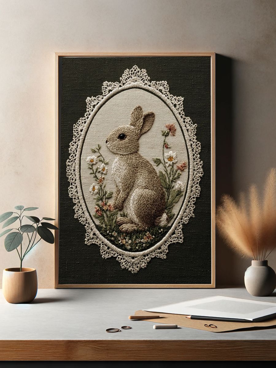 Rabbit Embroidery Art Poster. — room view 2
