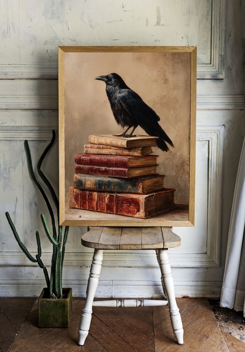 Raven on Antique Books — Fine Art Print room preview