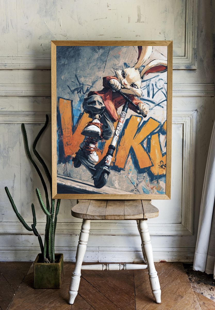 Cool Rabbit on Scooter — Illustration Print. room preview