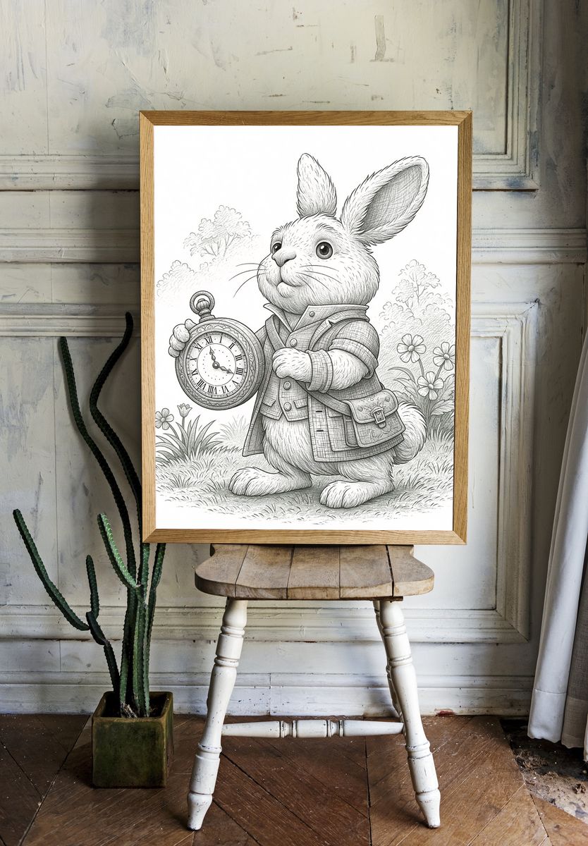Rabbit with Pocket Watch Illustration Poster. — room view 1