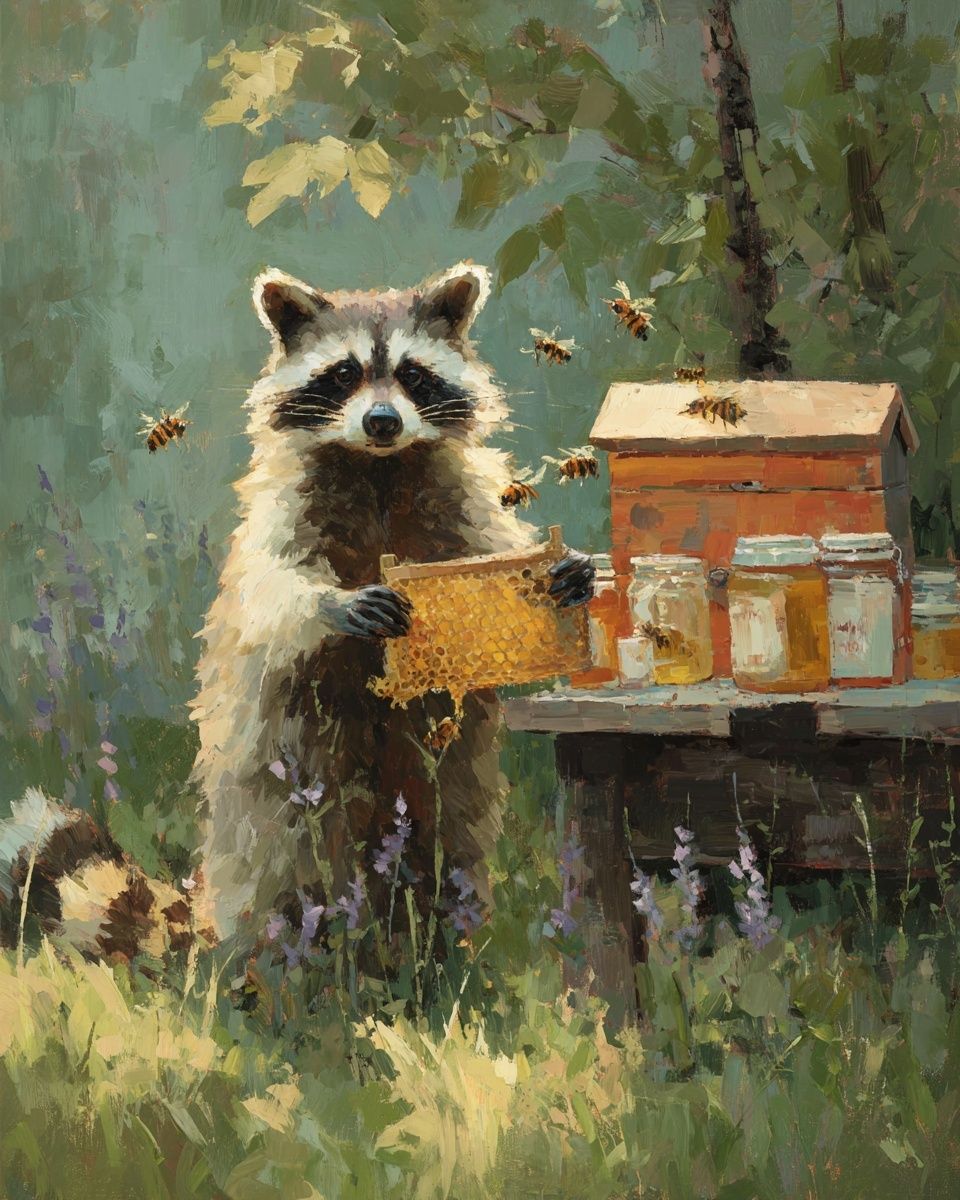 Raccoon with Honeycomb — Illustration Print. poster — animals art