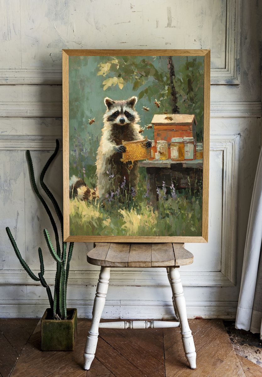 Raccoon with Honeycomb — Illustration Print room preview