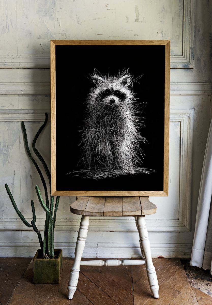 Raccoon Line Art Poster. — room view 1