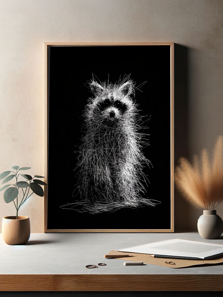 Raccoon Line Art Poster. — room view 2