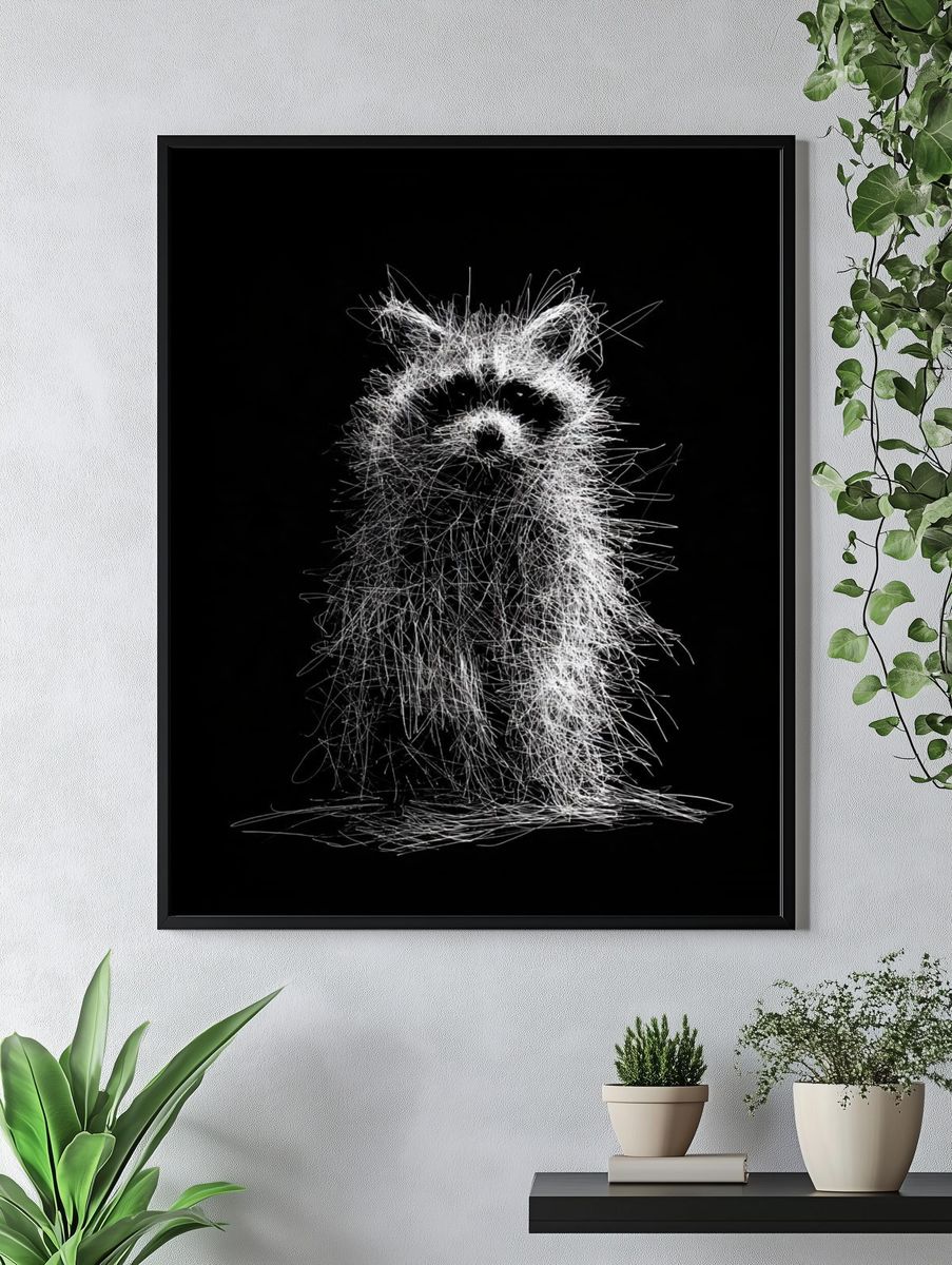 Raccoon Line Art Poster. — room view 4