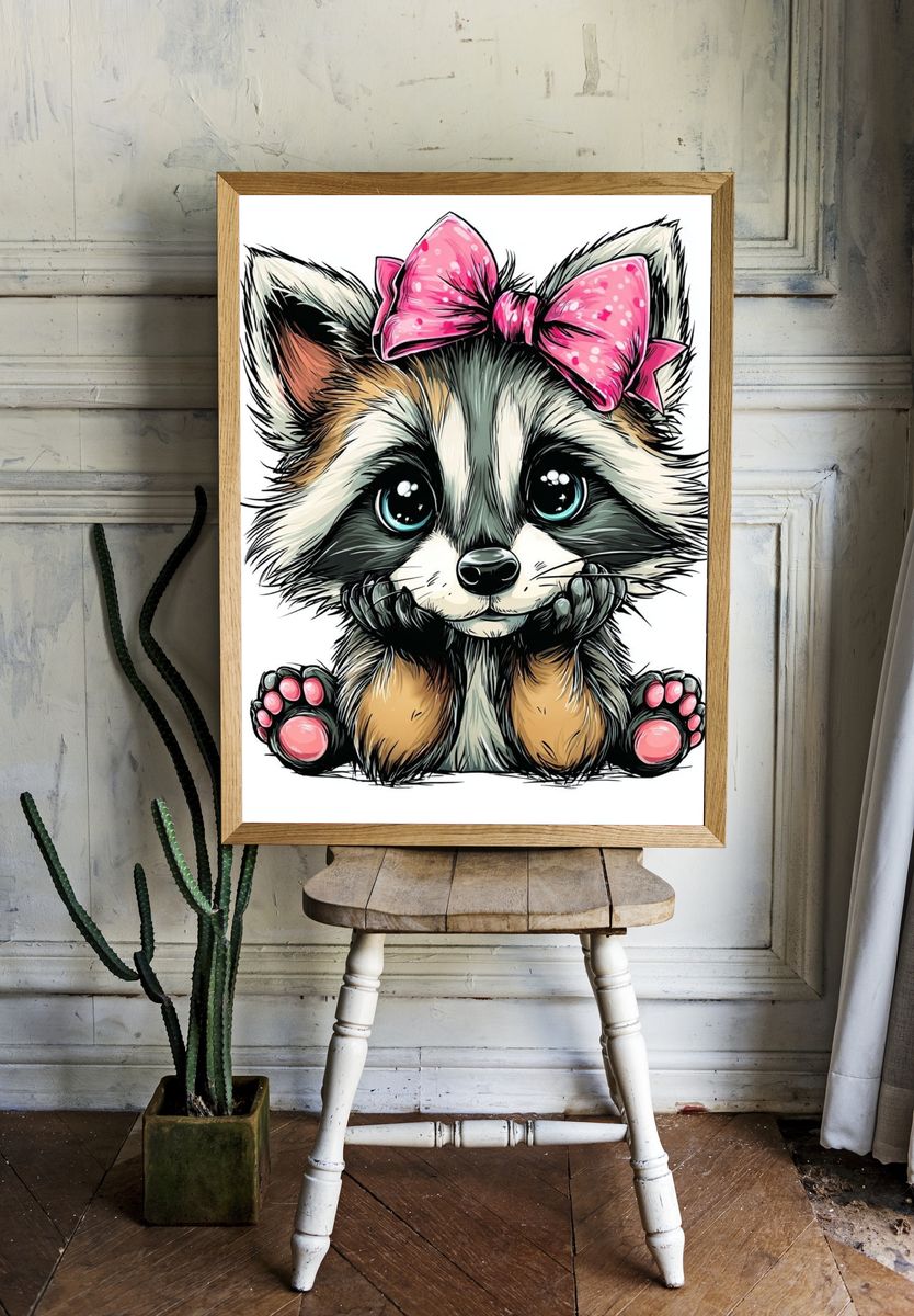 Cute Raccoon Bow Illustration Poster. — room view 1