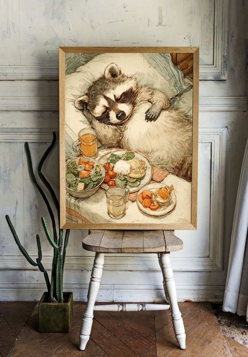 Sleeping Raccoon with Breakfast — Illustration Print. — room view 1
