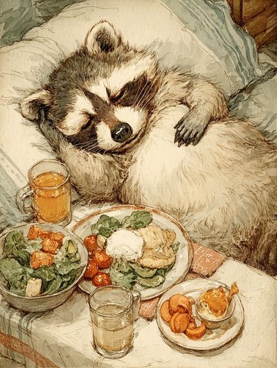 Sleeping Raccoon with Breakfast — Illustration Print. poster
