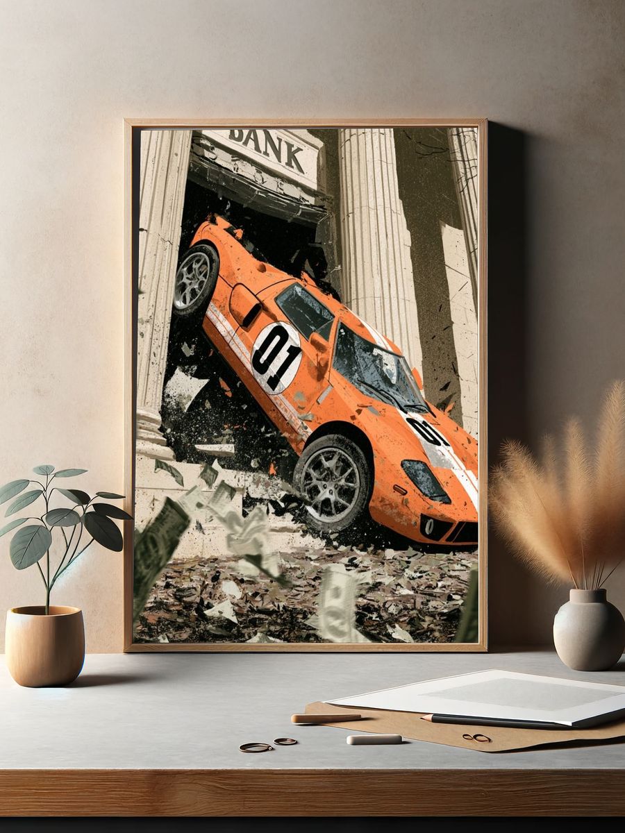 Orange Rally Car Crash Poster. — room view 2