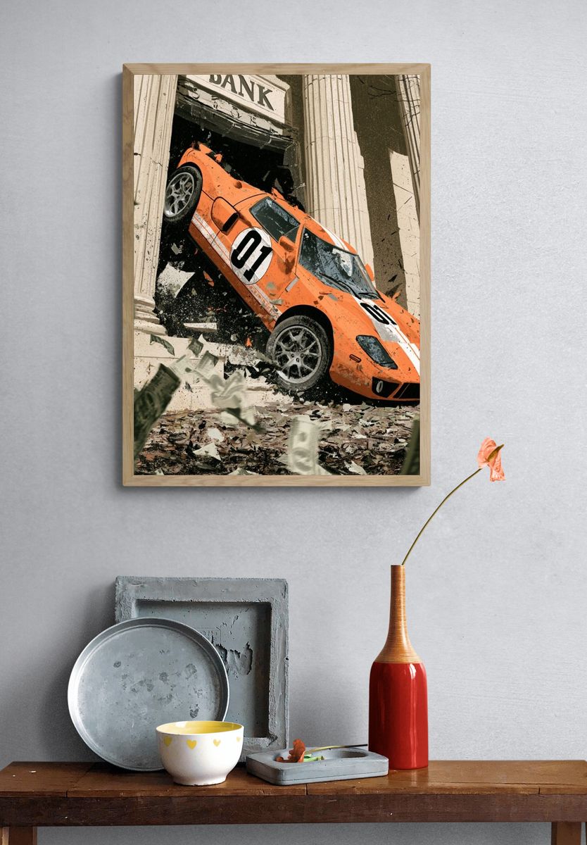 Orange Rally Car Crash Poster. — room view 3