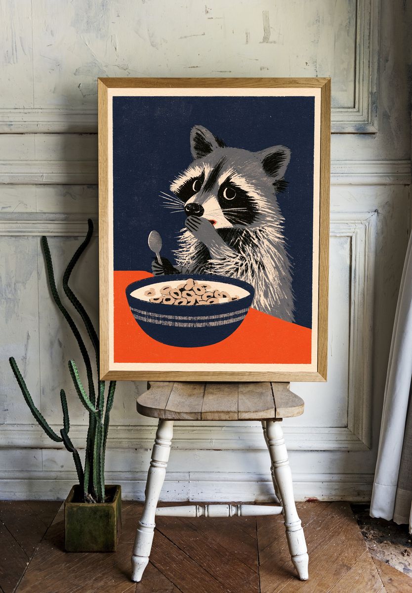 Raccoon Cereal Illustration Poster. room preview
