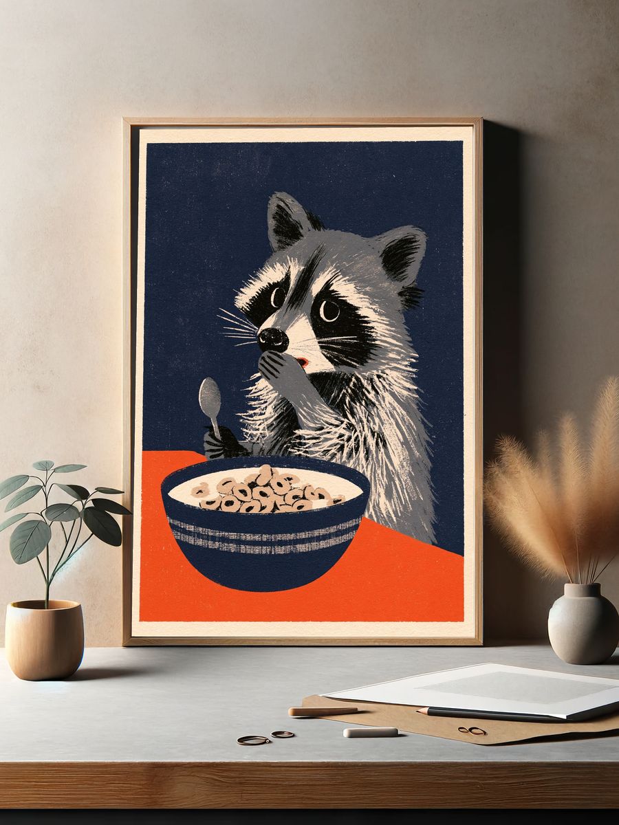Raccoon Cereal Illustration Poster. — room view 2